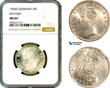 AL872, Germany, Bavaria, Otto, 2 Mark 1904 D, Munich Mint, Silver, NGC MS64