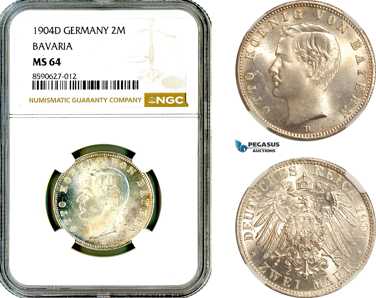 AL872, Germany, Bavaria, Otto, 2 Mark 1904 D, Munich Mint, Silver, NGC MS64