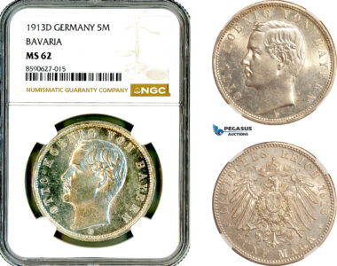 AL873, Germany, Bavaria, Otto, 5 Mark 1913 D, Munich Mint, Silver, NGC MS62