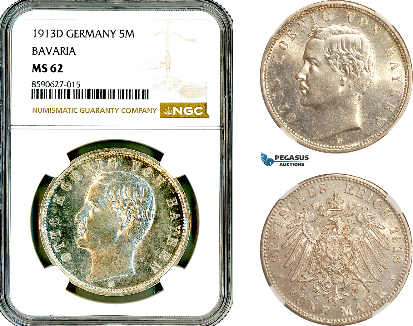 AL873, Germany, Bavaria, Otto, 5 Mark 1913 D, Munich Mint, Silver, NGC MS62