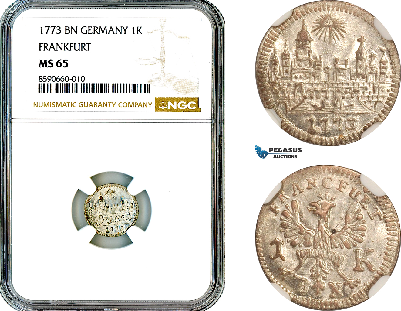 AL876, Germany, Frankfurt, “City View” 1 Kreuzer 1773 BN, Silver, NGC MS65