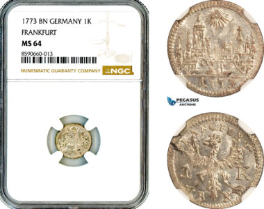 AL877, Germany, Frankfurt, “City View” 1 Kreuzer 1773 BN, Silver, NGC MS64