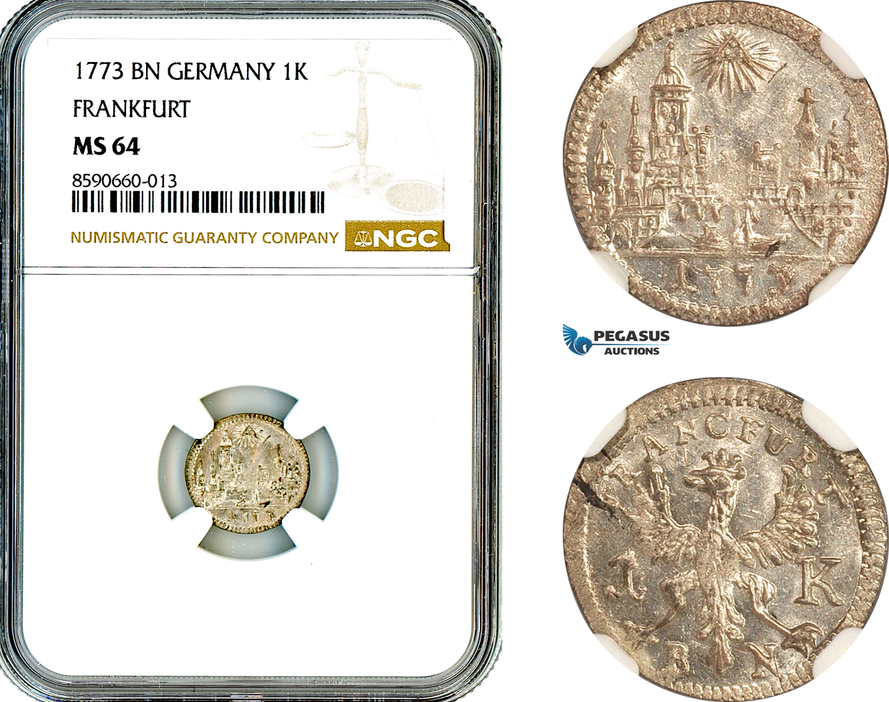 AL877, Germany, Frankfurt, “City View” 1 Kreuzer 1773 BN, Silver, NGC MS64