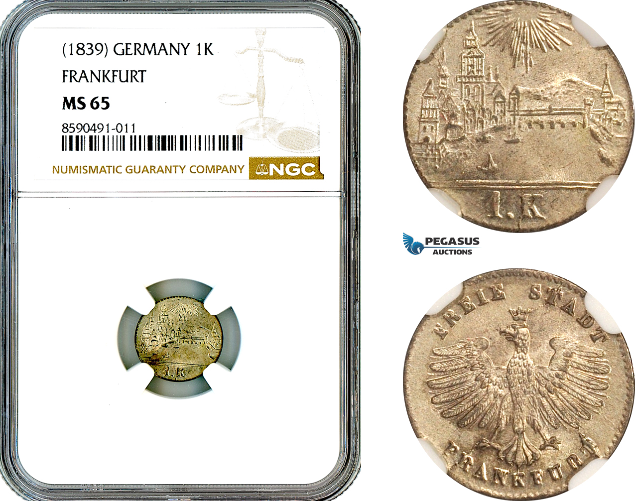AL878, Germany, Frankfurt, “City View” 1 Kreuzer ND (1839), Silver, NGC MS65