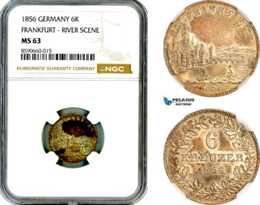 AL879, Germany, Frankfurt, ”City View” 6 Kreuzer 1856, River Scene, Silver, NGC MS63