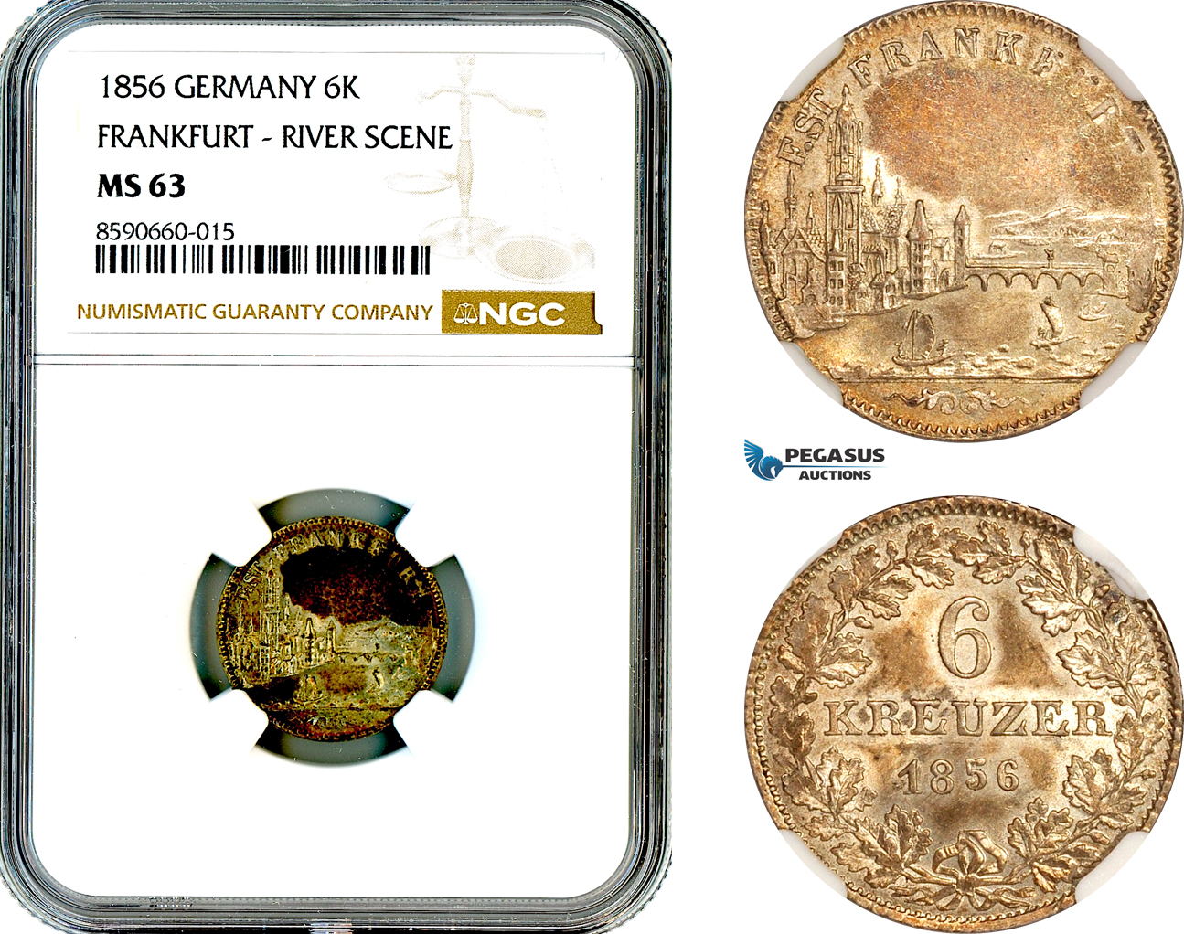 AL879, Germany, Frankfurt, ”City View” 6 Kreuzer 1856, River Scene, Silver, NGC MS63