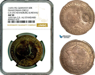 AL880, Germany, Franconian Circle, 60 Kreuzer, ND (1693-95), Countermark on Henneberg-Ilmenau, AU Standard, Silver, NGC AU50