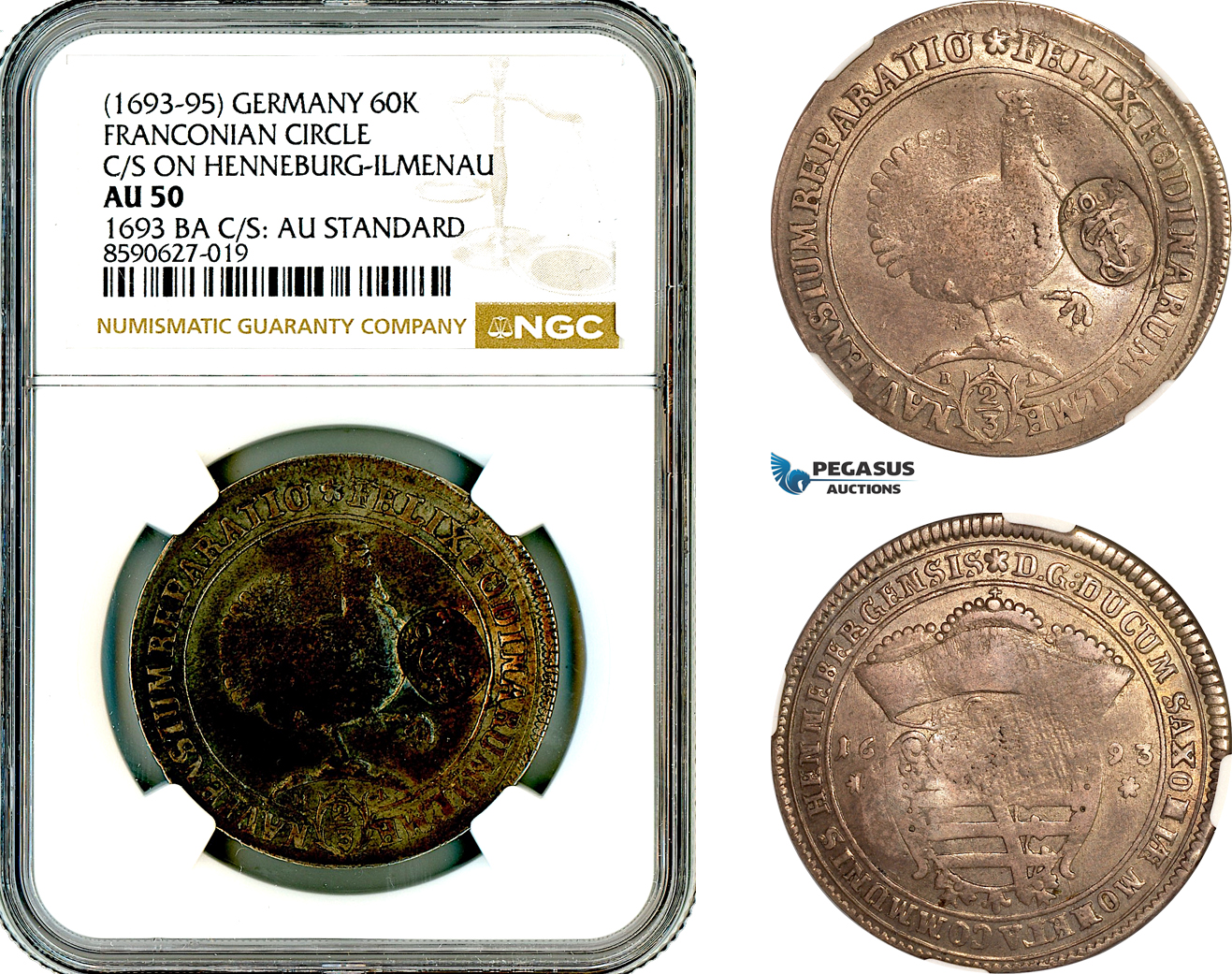 AL880, Germany, Franconian Circle, 60 Kreuzer, ND (1693-95), Countermark on Henneberg-Ilmenau, AU Standard, Silver, NGC AU50
