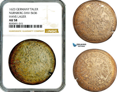 AL882, Germany, Nuremberg, Ferdinand II, Taler 1623, Silver, DAV-5636, NGC AU58