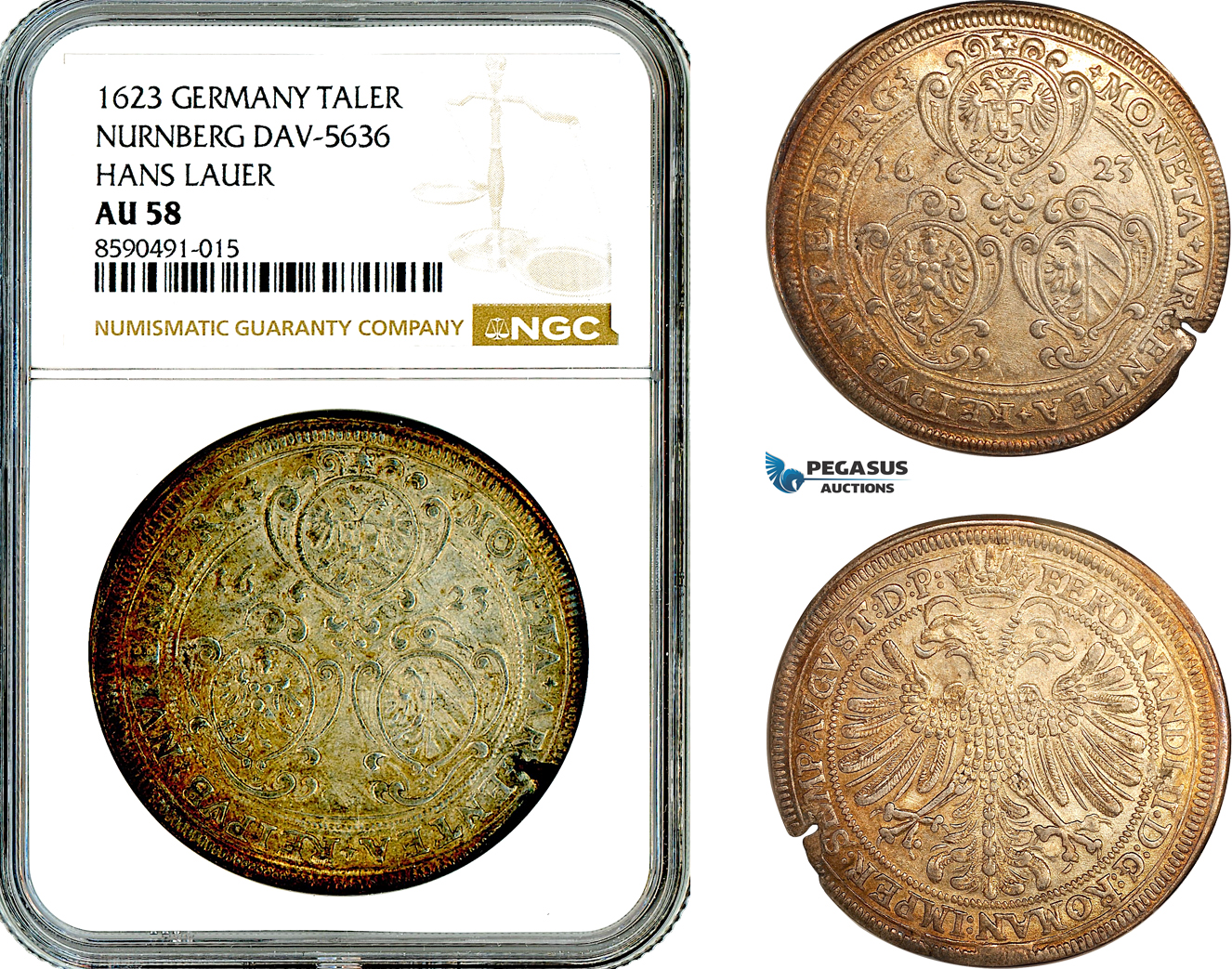 AL882, Germany, Nuremberg, Ferdinand II, Taler 1623, Silver, DAV-5636, NGC AU58