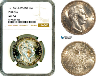 AL883, Germany, Prussia, Wilhelm II, 3 Mark 1912 A, Berlin Mint, Silver, NGC MS64