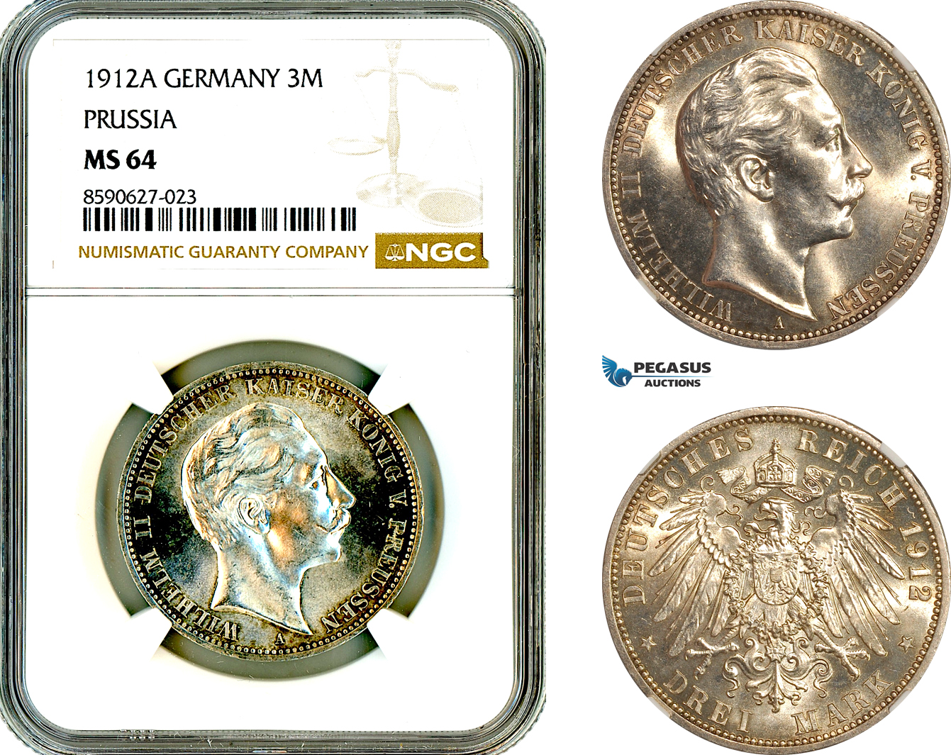 AL883, Germany, Prussia, Wilhelm II, 3 Mark 1912 A, Berlin Mint, Silver, NGC MS64