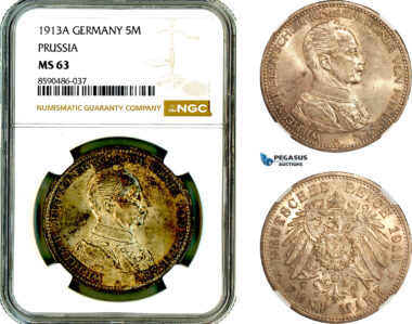 AL884, Germany, Prussia, Wilhelm II, 5 Mark 1913 A, Berlin Mint, Silver, NGC MS63