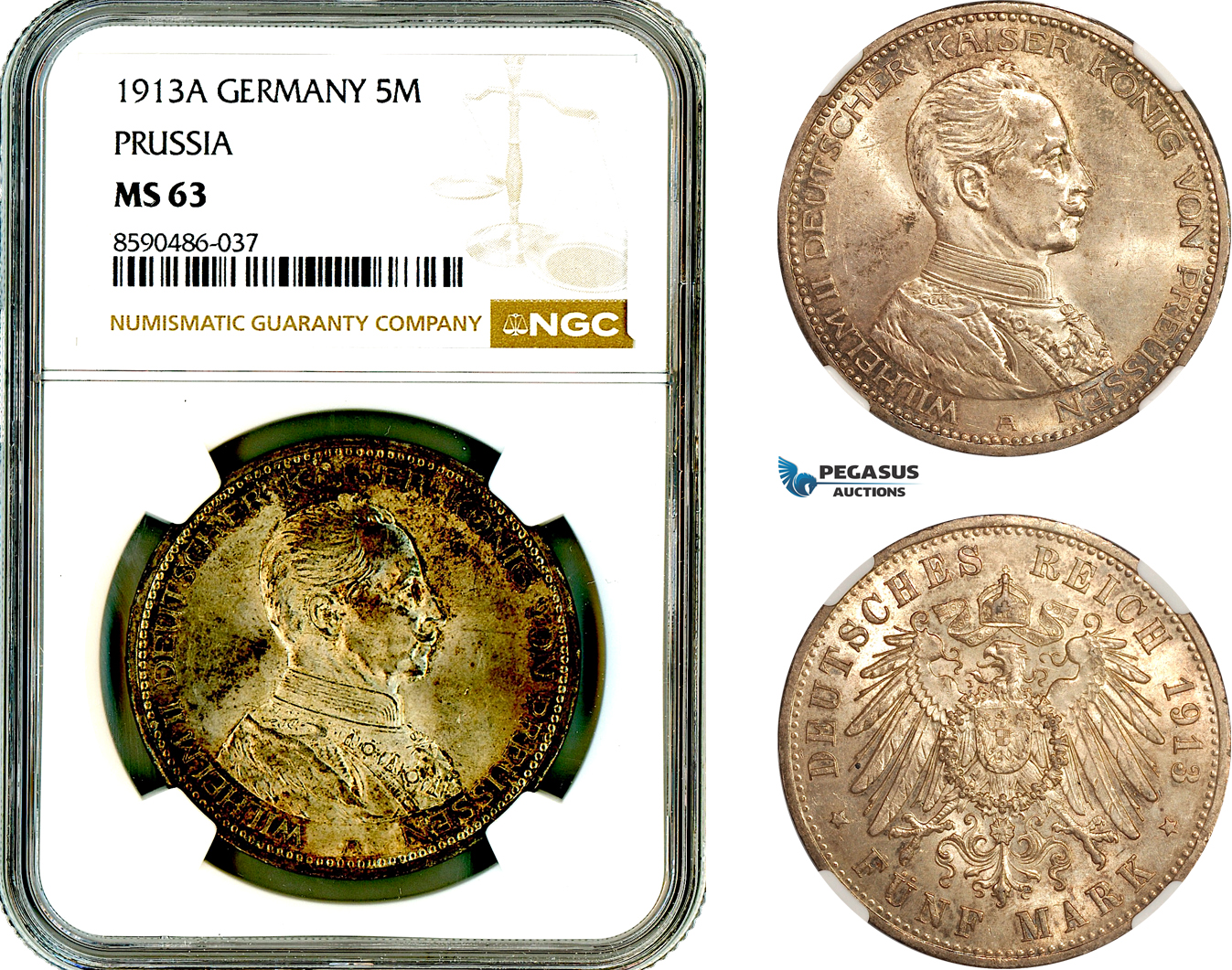 AL884, Germany, Prussia, Wilhelm II, 5 Mark 1913 A, Berlin Mint, Silver, NGC MS63