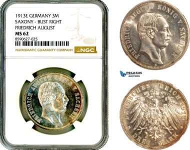 AL885, Germany, Saxony, Frederick August III, 3 Mark 1913 E, Muldenhutten Mint, Silver, NGC MS62