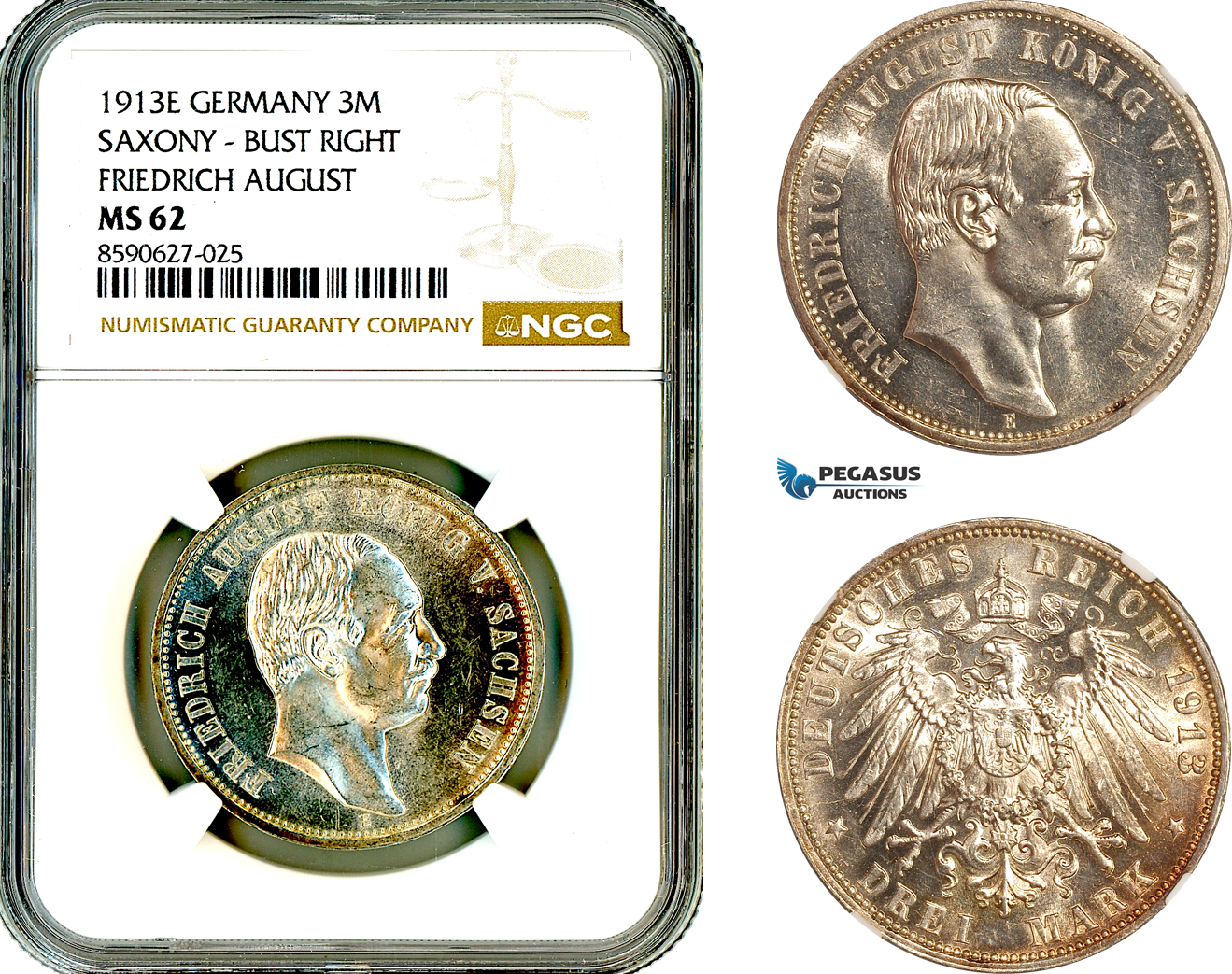 AL885, Germany, Saxony, Frederick August III, 3 Mark 1913 E, Muldenhutten Mint, Silver, NGC MS62