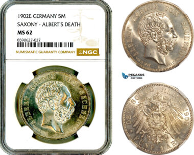 AL886, Germany, Saxony, Albert I, 5 Mark 1902 E, Muldenhutten Mint, Albert's Death, Silver, NGC MS62