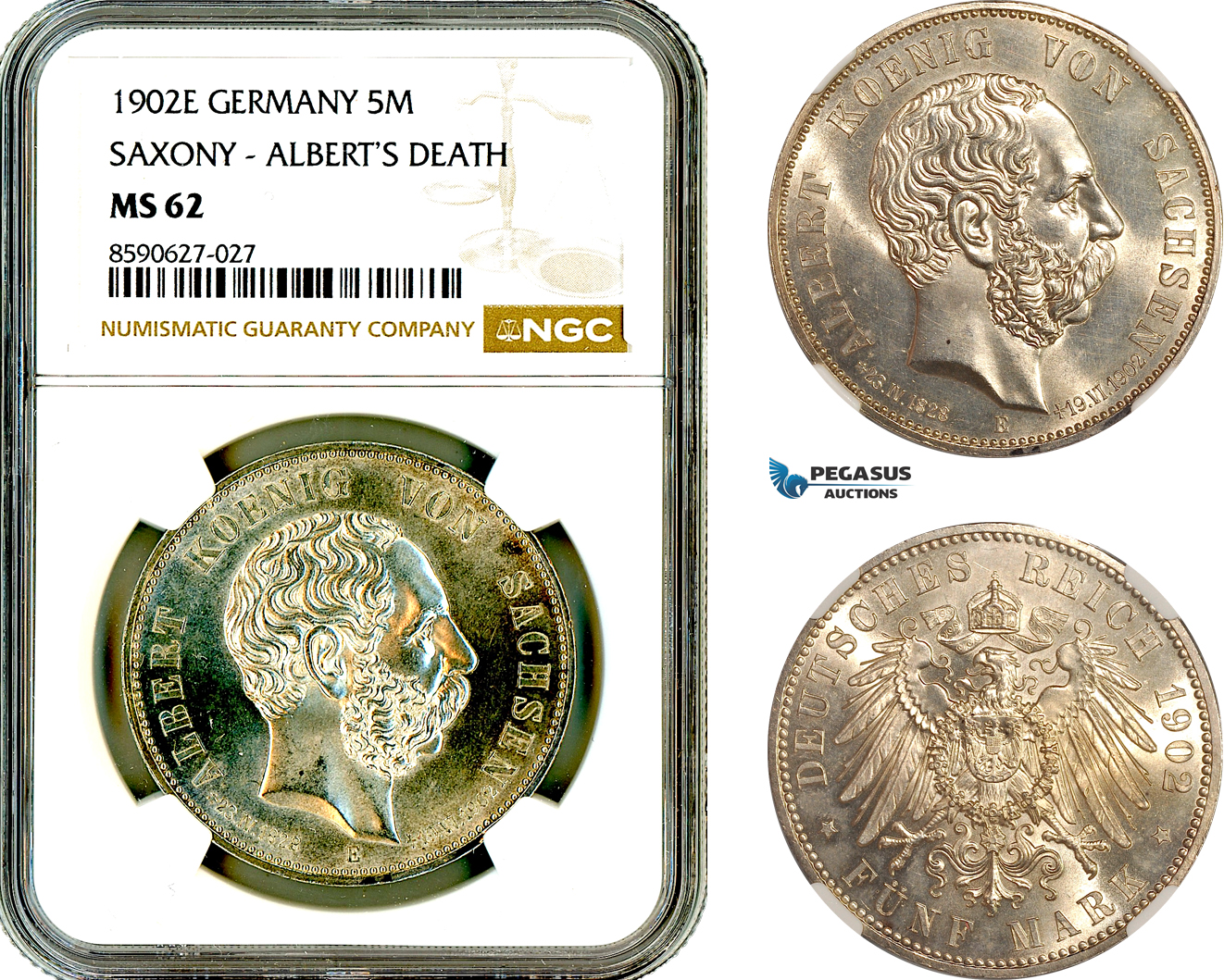 AL886, Germany, Saxony, Albert I, 5 Mark 1902 E, Muldenhutten Mint, Albert's Death, Silver, NGC MS62