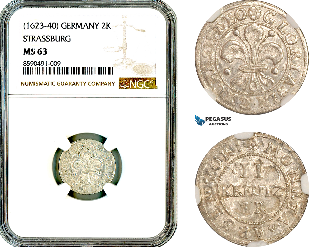 AL887, Germany, Strasbourg, 2 Kreuzer ND (1623-40), Silver, NGC MS63