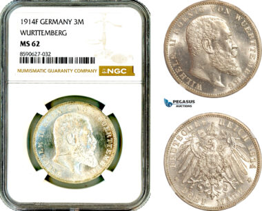 AL888, Germany, Wurttemberg, Wilhelm II, 3 Mark 1914 F, Stuttgart Mint, Silver, NGC MS62