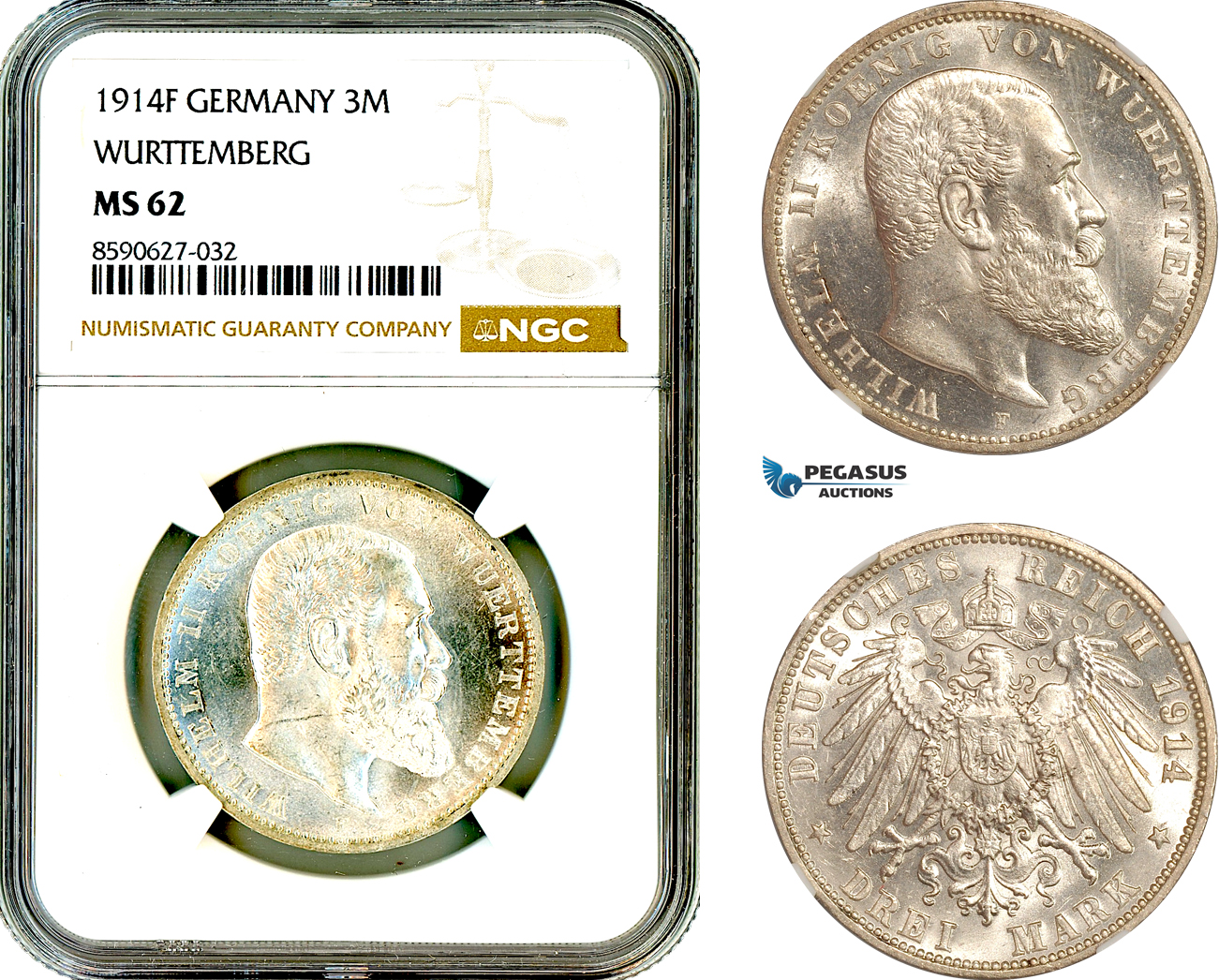 AL888, Germany, Wurttemberg, Wilhelm II, 3 Mark 1914 F, Stuttgart Mint, Silver, NGC MS62