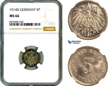 AL889, Germany, Wilhelm II, 5 Pfennig 1914 D, Munich Mint, NGC MS66