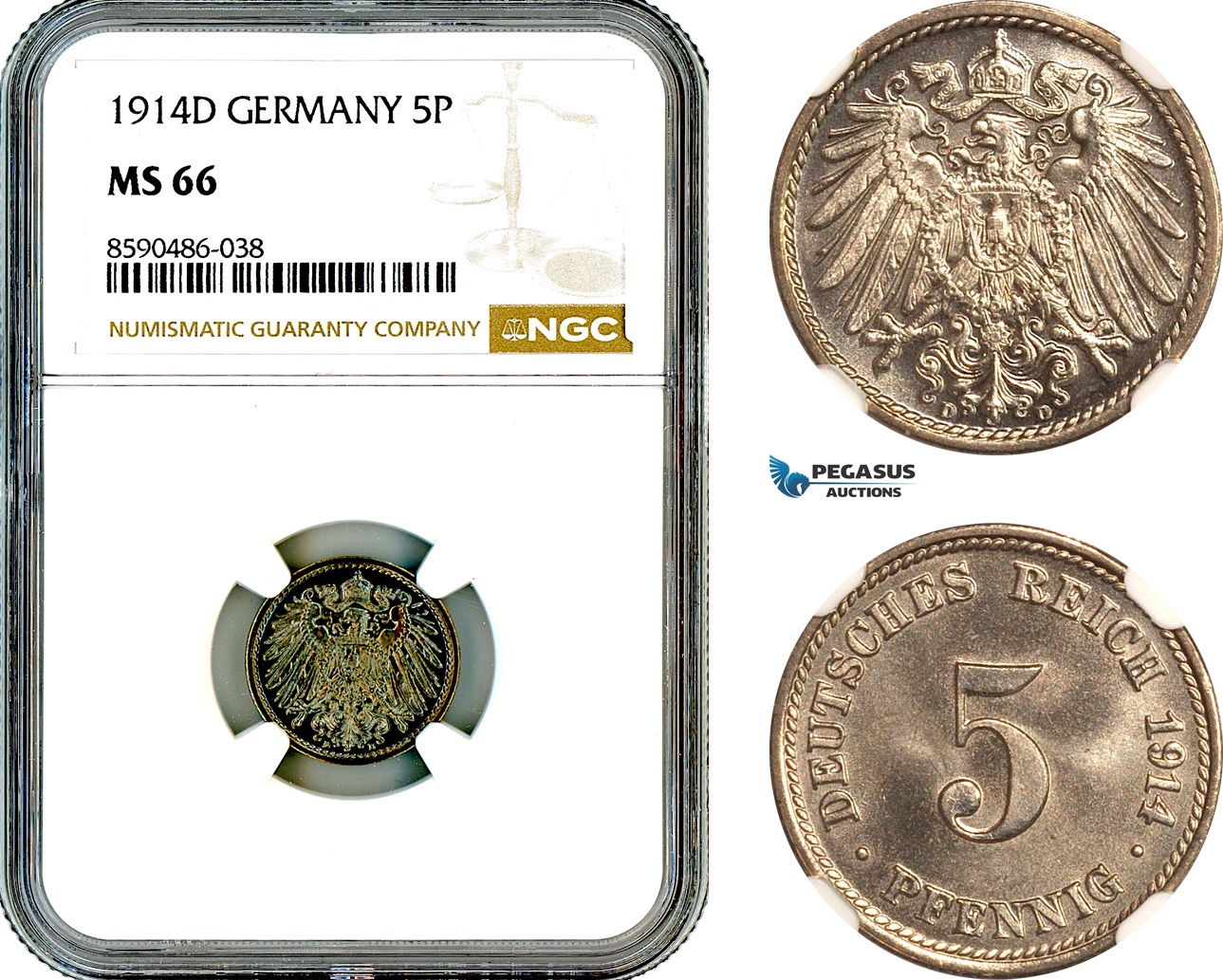 AL889, Germany, Wilhelm II, 5 Pfennig 1914 D, Munich Mint, NGC MS66