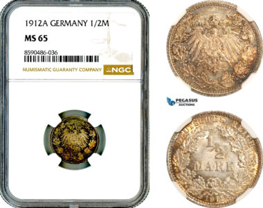 AL890, Germany, Wilhelm II, 1/2 Mark 1912 A, Berlin Mint, Silver, NGC MS65