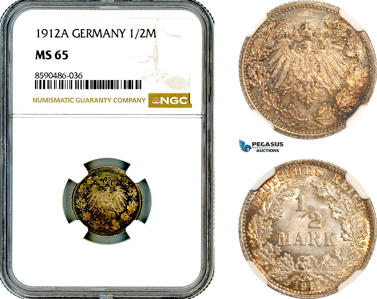 AL890, Germany, Wilhelm II, 1/2 Mark 1912 A, Berlin Mint, Silver, NGC MS65