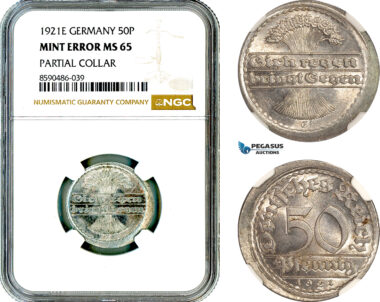 AL891, Germany, Weimar, 50 Pfennig 1921 E, Muldenhutten Mint, Partial Collar Mint Error, NGC MS65