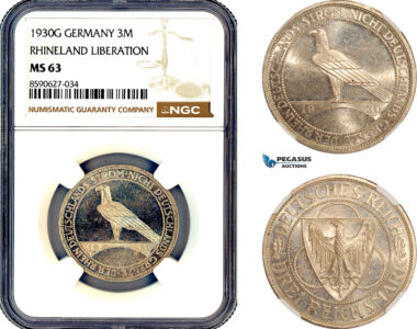 AL892, Germany, Weimar Republic, 3 Reichsmark 1930 G, Karlsruhe Mint, Silver, “Rhineland Liberation”, NGC MS63