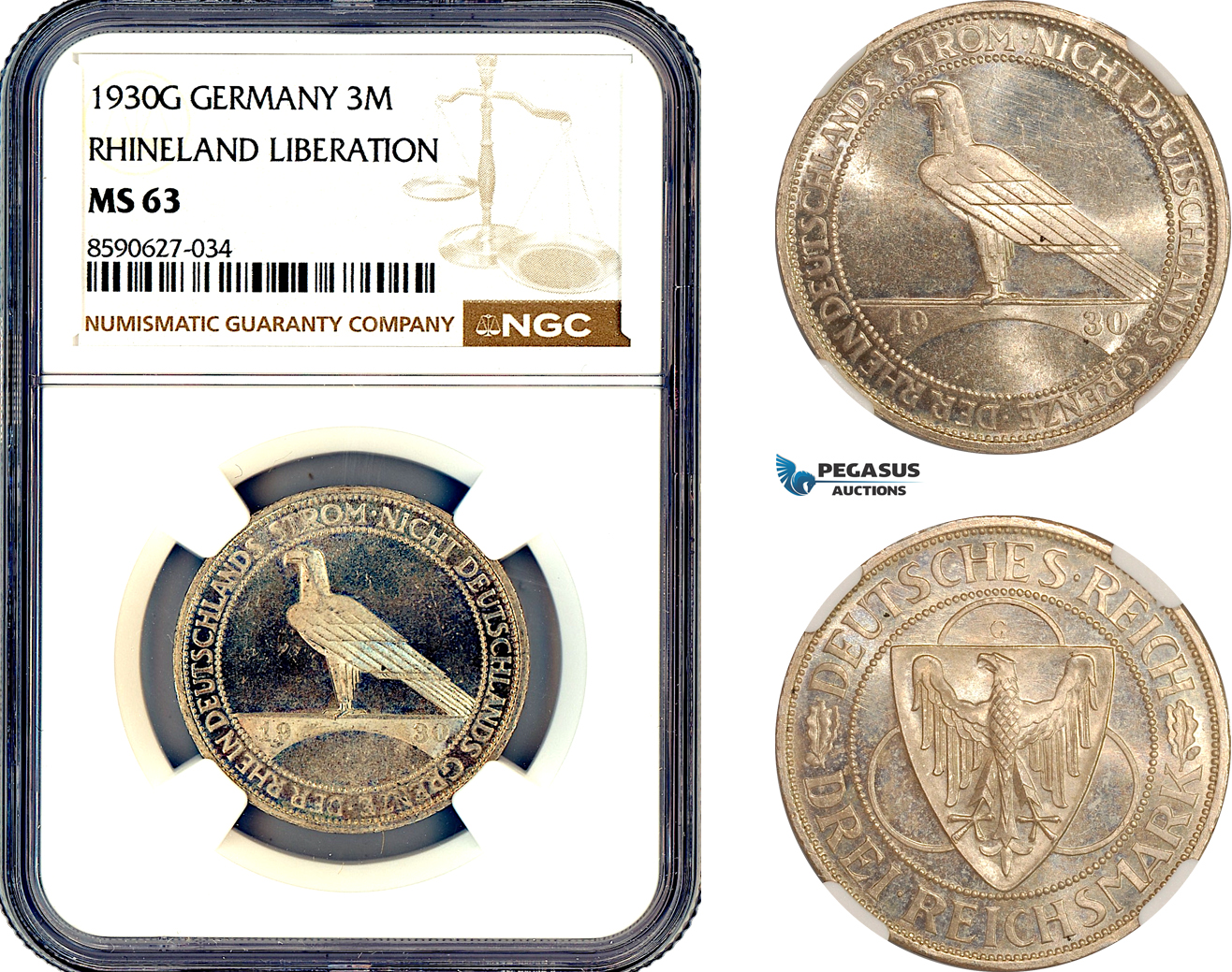 AL892, Germany, Weimar Republic, 3 Reichsmark 1930 G, Karlsruhe Mint, Silver, “Rhineland Liberation”, NGC MS63