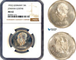 AL893, Germany, Weimar Republic, 3 Reichsmark 1932 J, Hamburg Mint, Silver, “Johann Goethe”, NGC MS62