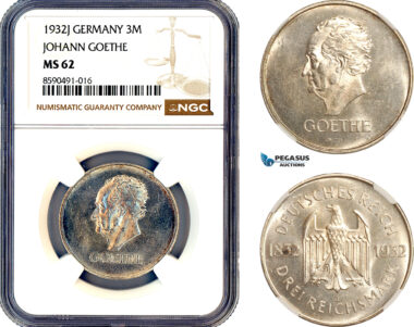 AL893, Germany, Weimar Republic, 3 Reichsmark 1932 J, Hamburg Mint, Silver, “Johann Goethe”, NGC MS62