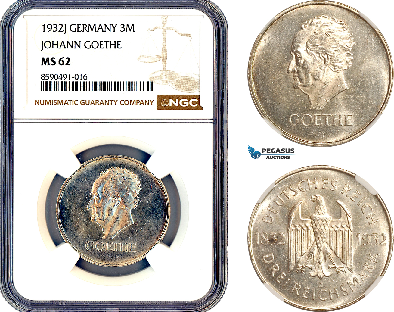 AL893, Germany, Weimar Republic, 3 Reichsmark 1932 J, Hamburg Mint, Silver, “Johann Goethe”, NGC MS62