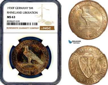 AL894, Germany, Weimar Republic, 5 Reichsmark 1930 F, Stuttgart Mint, Silver, “Rhineland Liberation”, NGC MS63