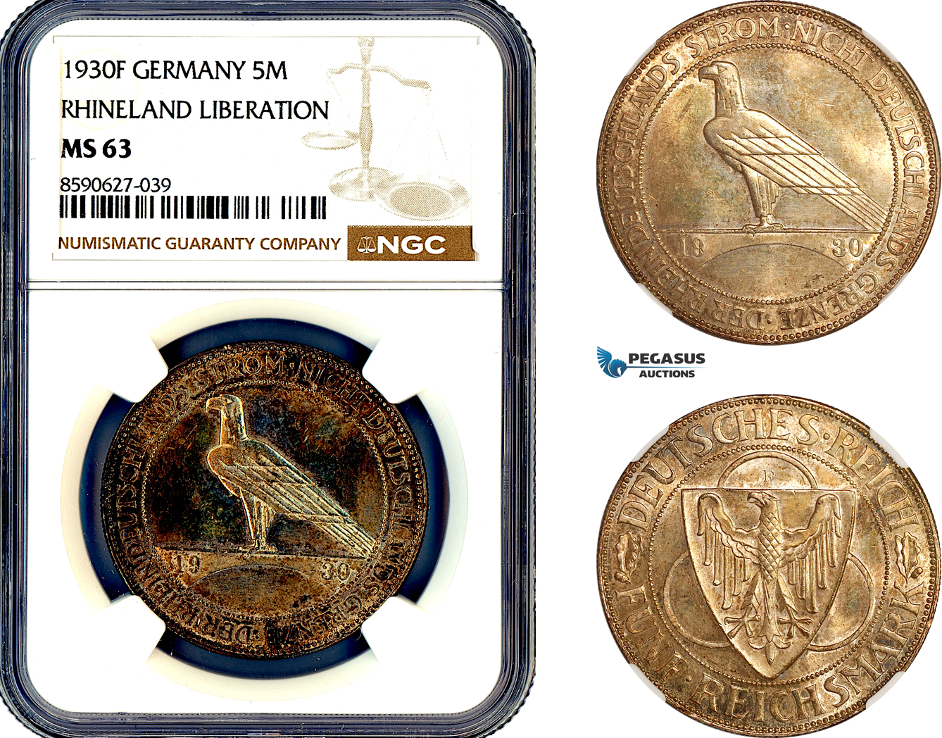 AL894, Germany, Weimar Republic, 5 Reichsmark 1930 F, Stuttgart Mint, Silver, “Rhineland Liberation”, NGC MS63