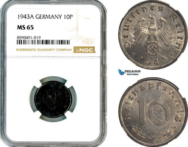 AL895, Germany, Third Reich, 10 Reichspfennig 1943 A, Berlin Mint, NGC MS65, Top Pop!