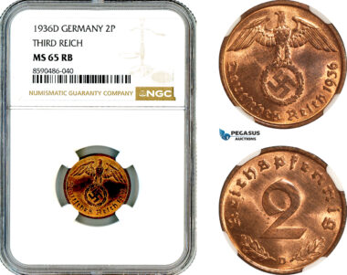AL896, Germany, Third Reich, 2 Reichspfennig 1936 D, Munich Mint, NGC MS65RB, Top Pop!
