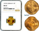 AL897, Germany, Third Reich, 10 Reichspfennig 1937 D, Munich Mint, NGC MS65, Top Pop!