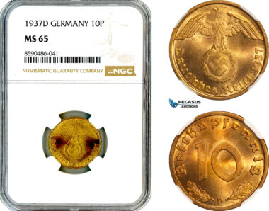 AL897, Germany, Third Reich, 10 Reichspfennig 1937 D, Munich Mint, NGC MS65, Top Pop!