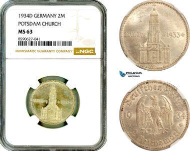 AL898, Germany, Third Reich, 2 Reichsmark 1934 D, Munich Mint, Silver, "Potsdam Church", NGC MS63