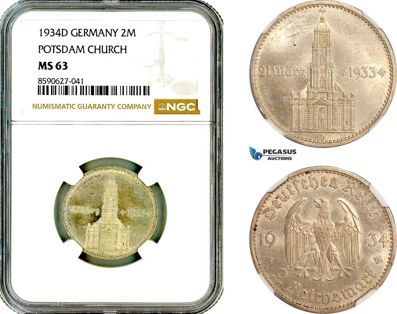 AL898, Germany, Third Reich, 2 Reichsmark 1934 D, Munich Mint, Silver, "Potsdam Church", NGC MS63