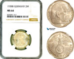 AL899, Germany, Third Reich, 2 Reichsmark 1938 B, Vienna Mint, Silver, “Paul von Hindenburg “, NGC MS64