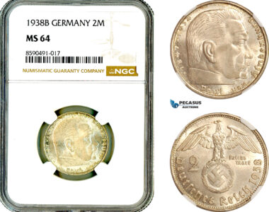 AL899, Germany, Third Reich, 2 Reichsmark 1938 B, Vienna Mint, Silver, “Paul von Hindenburg “, NGC MS64