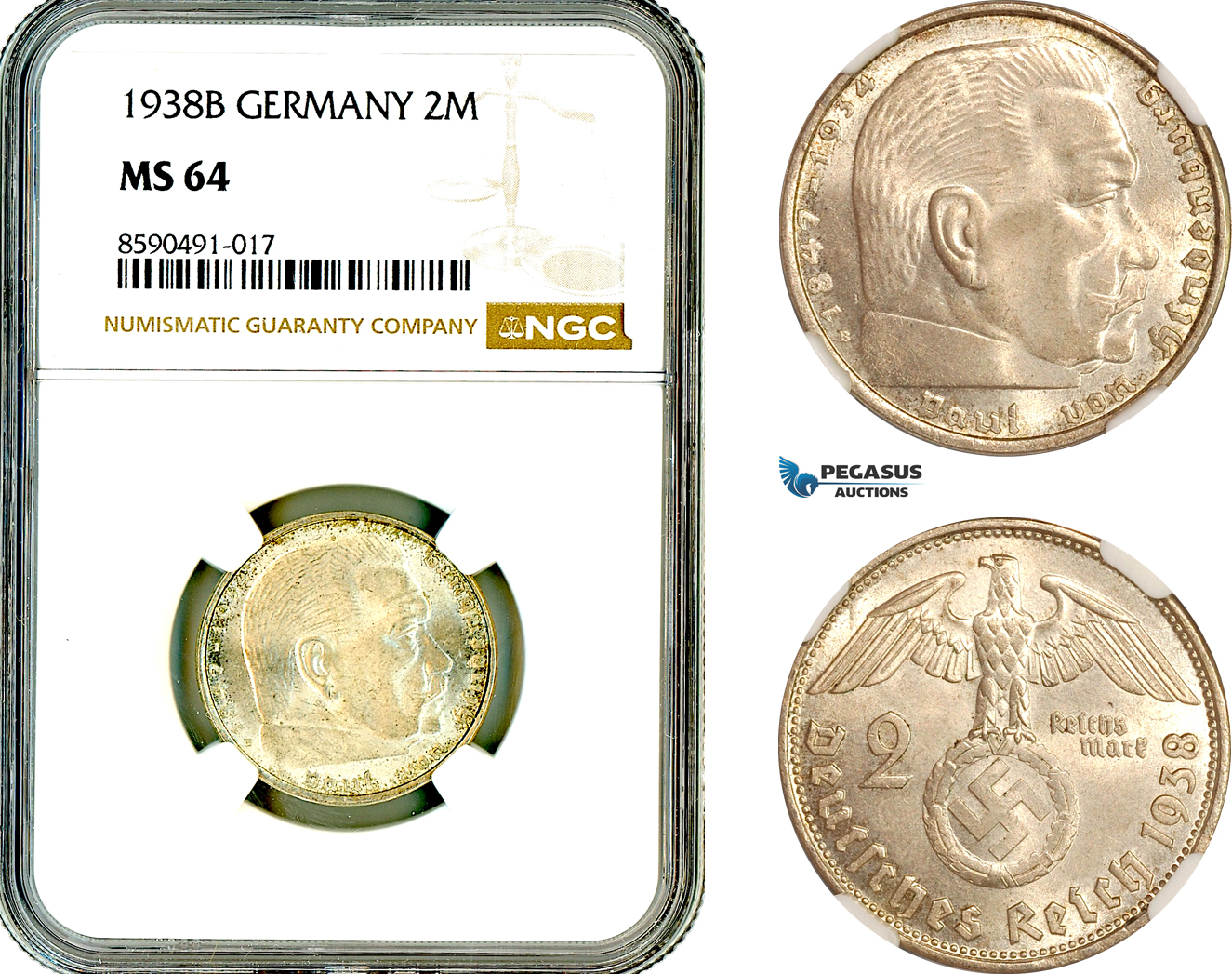 AL899, Germany, Third Reich, 2 Reichsmark 1938 B, Vienna Mint, Silver, “Paul von Hindenburg “, NGC MS64
