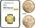 AL900, Germany, Third Reich, 2 Reichsmark 1938 B, Vienna Mint, Silver, “Paul von Hindenburg “, NGC MS64