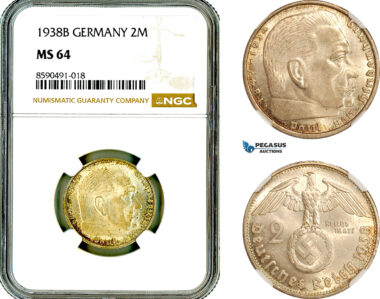 AL900, Germany, Third Reich, 2 Reichsmark 1938 B, Vienna Mint, Silver, “Paul von Hindenburg “, NGC MS64