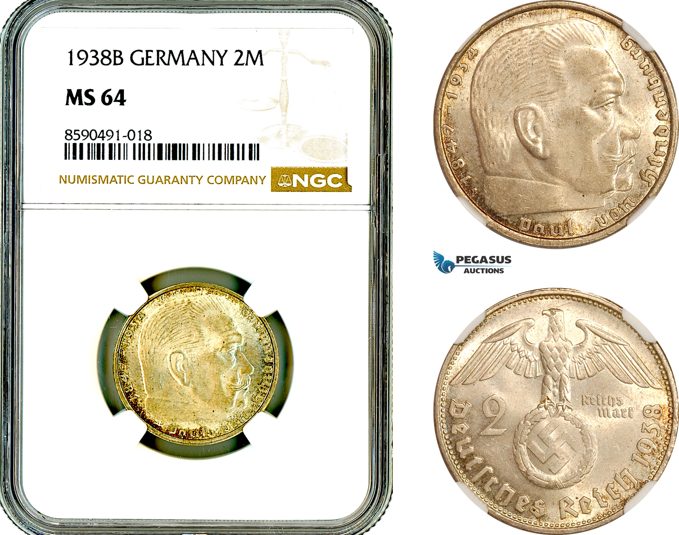 AL900, Germany, Third Reich, 2 Reichsmark 1938 B, Vienna Mint, Silver, “Paul von Hindenburg “, NGC MS64