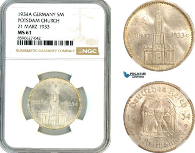 AL901, Germany, Third Reich, 5 Reichsmark 1934 A, Berlin Mint, Silver, "Potsdam Church", NGC MS61